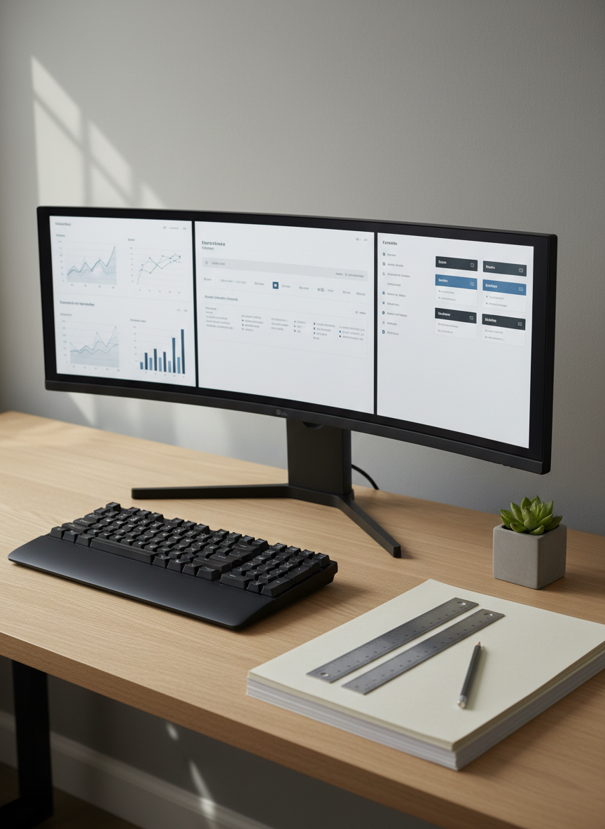 A close-up of a refined analytical workspace: a matte black keyboard in front of a large, ultra-wide monitor displaying tidy charts, timelines, and editorial workflows in muted blues and greys. Beside it, printed briefing documents on thick, off-white paper are aligned with a metal ruler and slim graphite pencil. A small, square concrete planter with a single green plant introduces a touch of color. The setting is a modern desk with a light oak finish against a soft grey wall. Diffused daylight from the left creates subtle reflections on the monitor and delicate shadows along the paper edges. Photographic realism, rule-of-thirds composition and a calm, ordered mood underscore precise online editorial and communication management.