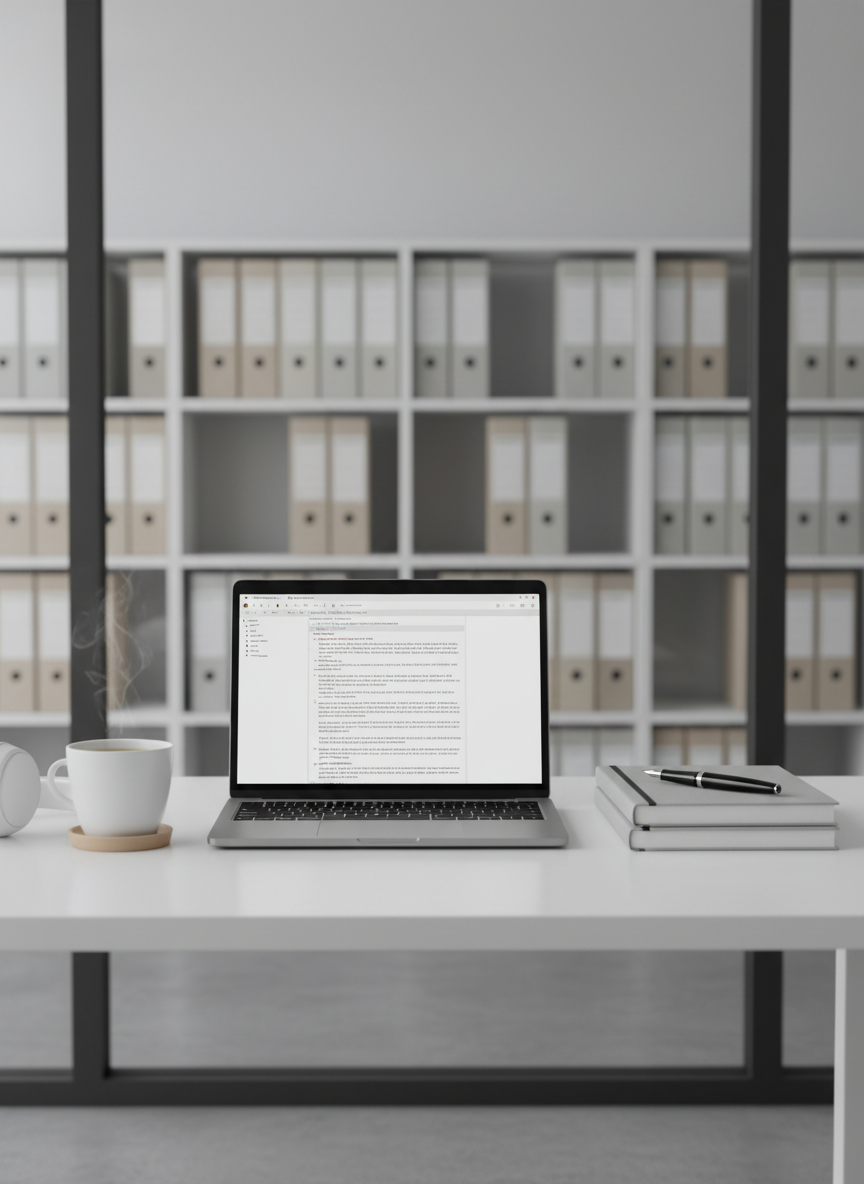 A meticulously organized white office desk with a slim silver laptop open to a clean text editor, next to a stack of neatly aligned, soft-grey notebooks and a fine black fountain pen. A pair of minimalist over-ear headphones rests beside a porcelain cup of herbal tea on a pale wooden coaster. The desk stands near a large window in a modern corporate workspace, with blurred shelves of neutral binders in the background. Soft overcast daylight diffuses across the scene, creating gentle shadows and subtle highlights on metal and paper. Photographic realism, eye-level composition with shallow depth of field, clean lines and balanced structure convey professional, focused online editorial work in a calm, trustworthy atmosphere.