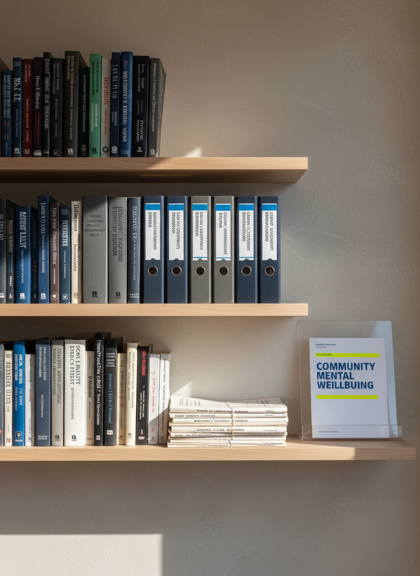 A carefully curated shelf dedicated to social policy research: rows of hardcover books with sober, typographic spines in deep navy, charcoal, and cream, interspersed with slim, labeled binders and neatly tabbed dossiers. A single transparent acrylic bookend holds upright a highlighted policy report printed on heavy white paper. The shelf is part of a modern office wall in muted tones, with a faintly textured plaster surface behind. Gentle side lighting from an unseen window casts elongated, precise shadows, emphasizing structure and organization. Photographic realism with a straight-on, tightly framed composition creates a sense of depth and seriousness, evoking thorough, evidence-based communication on complex social policy topics without visual clutter.