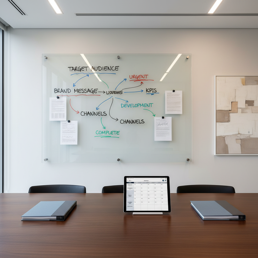 A large, wall-mounted glass board filled with a precisely arranged communication strategy: neatly written keywords, color-coded arrows, and printed briefing sheets attached with slim magnets. Below it, a dark wood conference table holds a minimalist tablet displaying a content calendar and several carefully stacked folders in muted blues and greys. The room features a neutral-toned corporate interior with clean walls and a single abstract artwork in beige tones. Cool, even overhead lighting and soft window light combine to create a crisp, shadow-controlled environment. Shot from a slightly elevated angle with sharp focus throughout, the photographic image feels structured, methodical, and analytical, evoking professional communication planning and consulting.